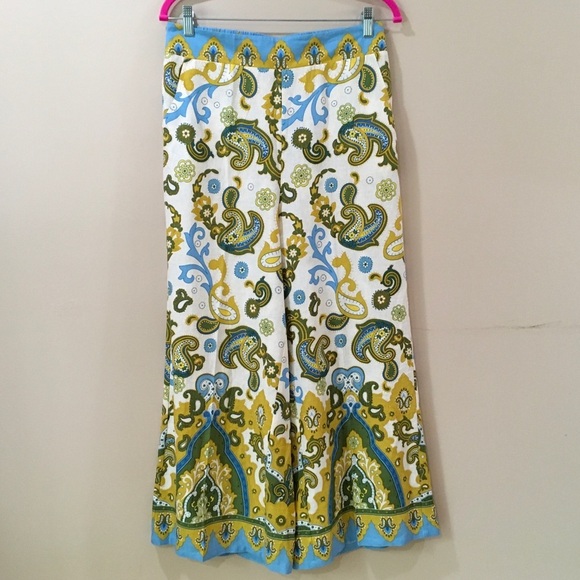 Haute Hippie Style Linen Pants Wide Leg Cropped Blue Cream Paisley Boho Sz M New - Picture 1 of 7